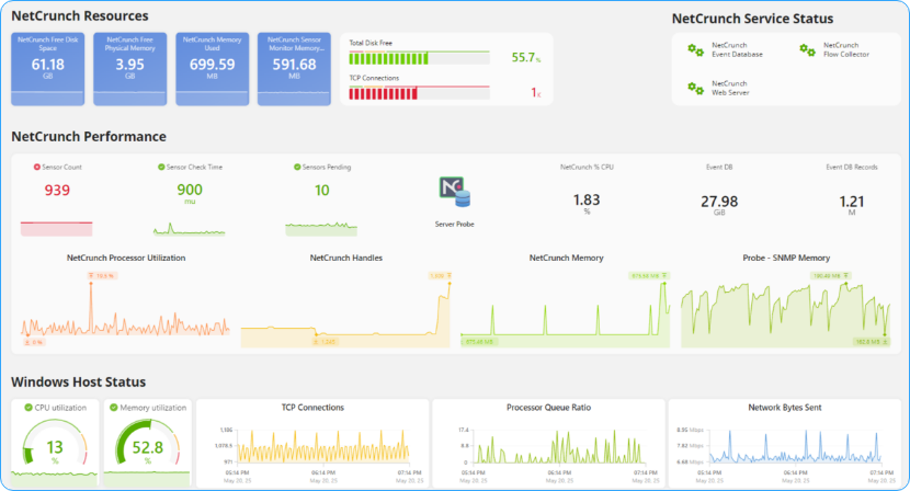 A NetCrunch dashboard: resource tiles, performance charts and
                              Windows host status, all reading live values